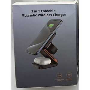 Foldable 3-in-1 Magnetic Wireless Charging Station Black With Carrying‎ Case